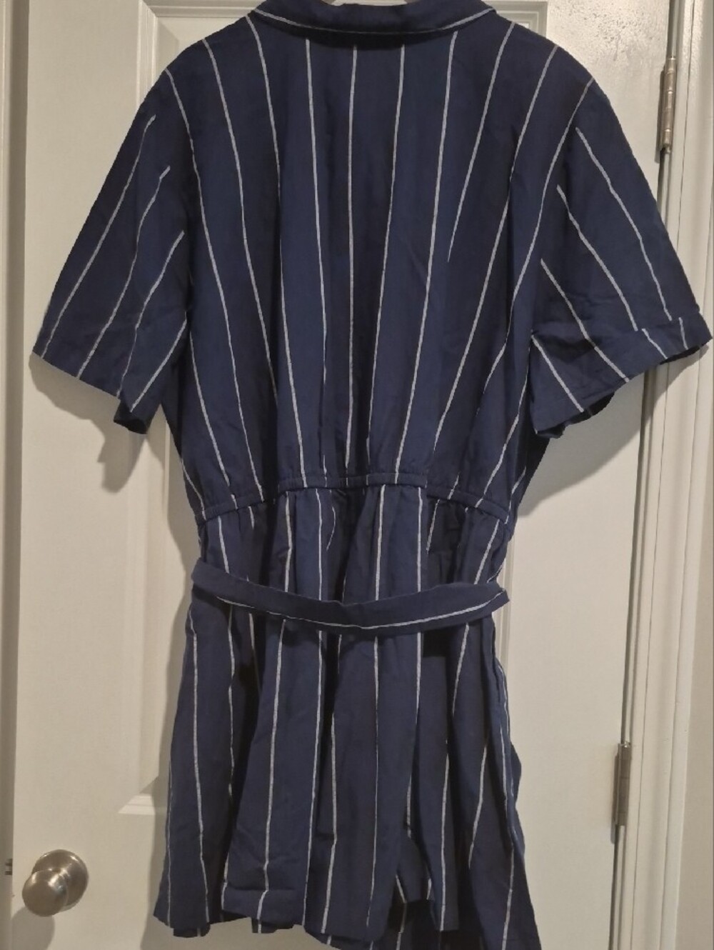 Ava & Viv Navy and White Vertical Stripe Tie-Waist Romper - Picture 2 of 2